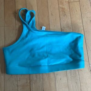 Blue/green one shoulder sports bra with mesh strap